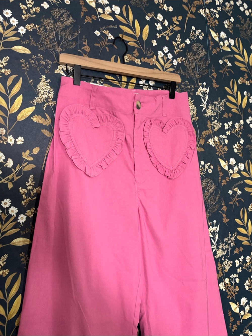 NWT Anthropologie Pink Cropped Wide-Leg Colette Pants with Heart Pockets 31 Tall - Picture 2 of 9
